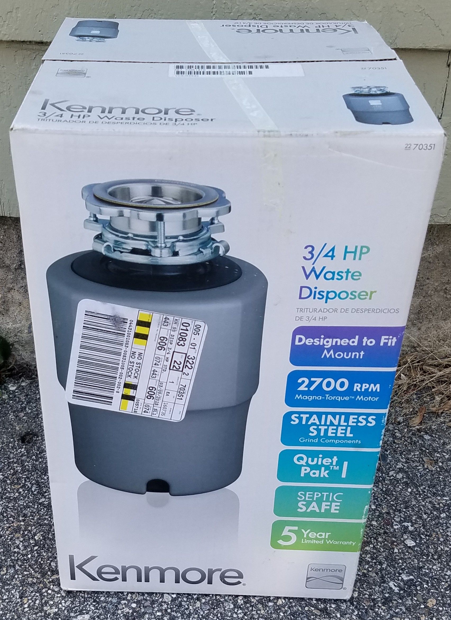 Brand New Kenmore 3/4 HP Garbage Disposal # 70351