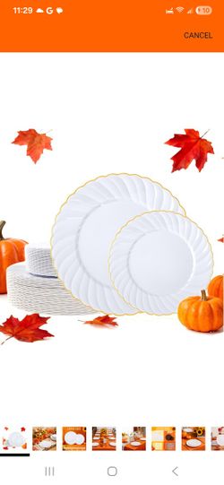 87pcs Scalopped Gold With  Ivory White Plastic Disposable  Plates With Clear Cups 9 