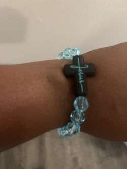 Blue Crystal Cross Bracelet – Handmade Christian Stretch Bracelet
