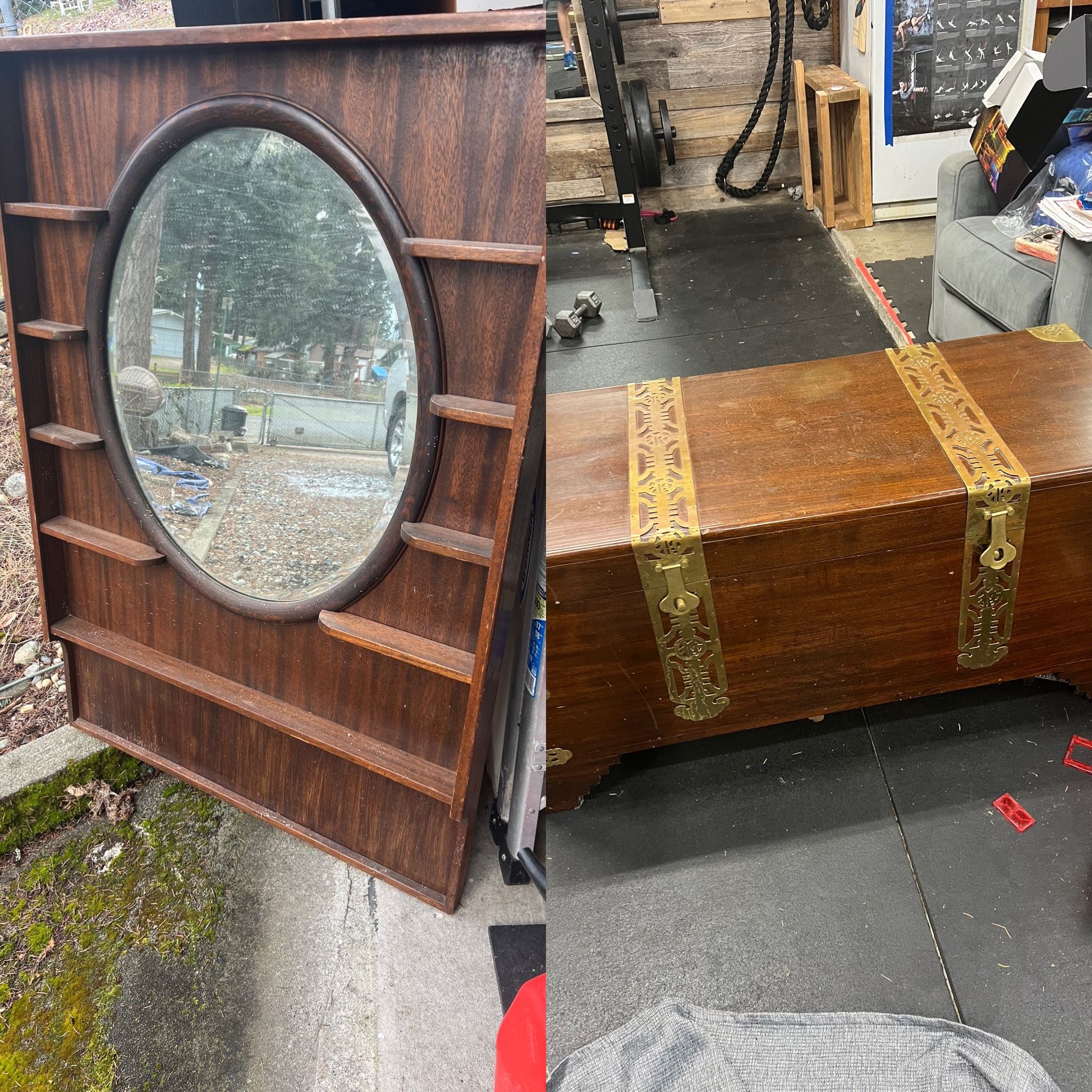 Antique Shelf With mirror And Chinese Brass Chest