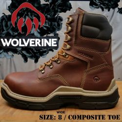 New WOLVERINE Raider DuraShocks Waterproof 8" CarbonMAX Composite Toe Work Boots Botas Size: 8 wide