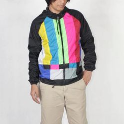 TV Color Bar Windbreaker Hood Jacket Waterproof. S M L  Shipping Only