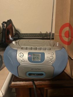 Accurian portable boombox with a CD player, cassette deck, and radio functionality