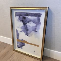 30x22 Glass Matte Gold/Black Framed Navy Blue/White/Gold Watercolor Artwork