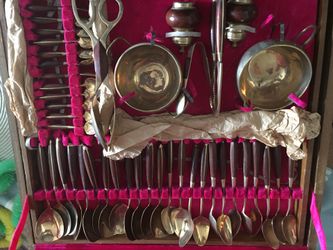 Service for 12 plus many serving spoons. 4 sizes of forks, 4 sizes of spoons, 3 sizes of knives, sugar and creamer bowls, salt & pepper shaker and at