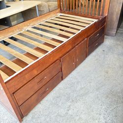 Solid Wood Twin Size Bed Frame With Storage Shelves 