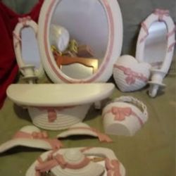 Home Interiors Vintage Pink And White Wicker Bow Mirror Wall Decor 10pc Set