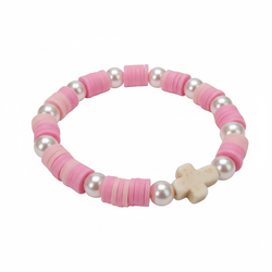 Pink Heishi Bead & Pearl Cross Bracelet