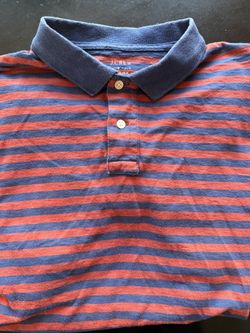 J Crew Large men's short sleeve multi color dark red with blue stripes and collar with 2 buttons,$10 cash. Must meet in person to deliver. 