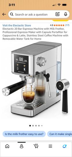 Electactic 20 Bar Espresso Machine with Milk Frother, Professional Espresso Maker with Capsule Portafiter for Cappuccino & Latte, Stainless Steel Coff