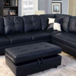 New Black Faux Leather Sectional Sofa Set
