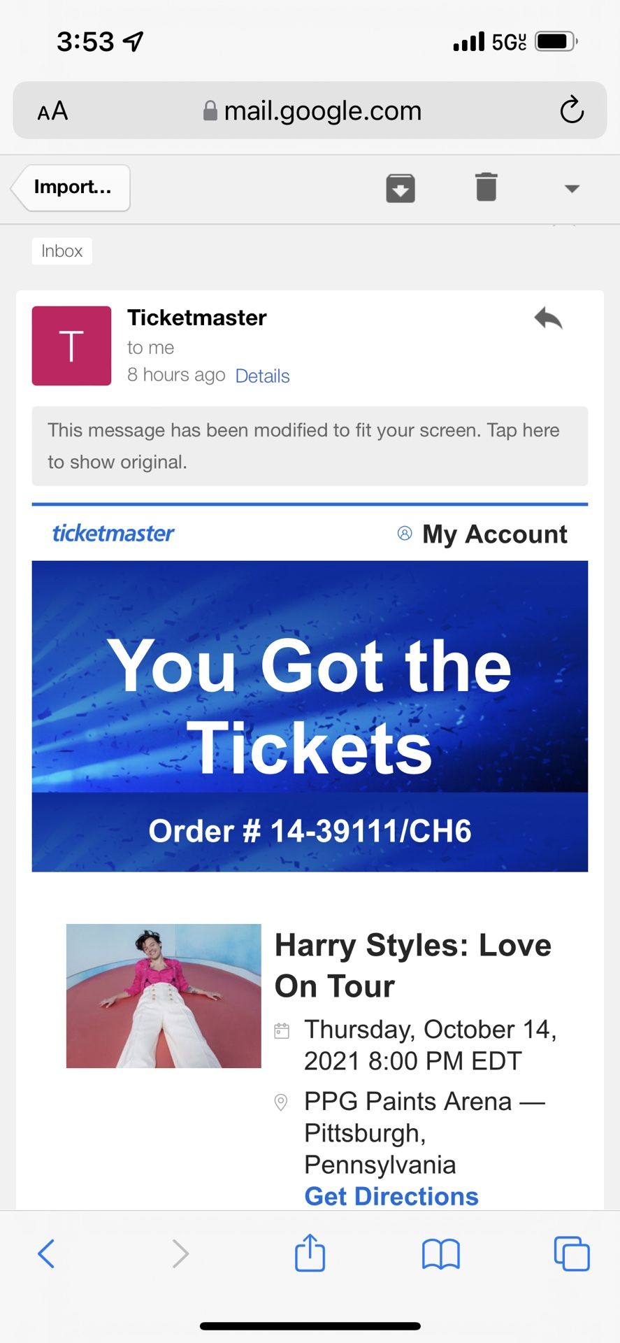Harry styles Ticket Pittsburg Pa Section 102 Row B