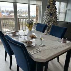 Beautiful, Solid, Heavy, White, And Gray Marble Dining Room Table With Four Chairs