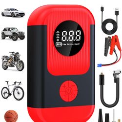 Tire Inflator Portable Air Compressor & Car Jump Starter, Cordless Air Pump with LED Light & Pressure Gauge for Auto,Motorcycles,Bikes,Balls.