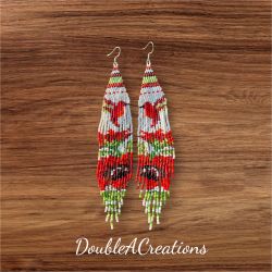 Hummingbirds Over Flowers Beaded Earrings With Fringe, New, Handmade By Me
