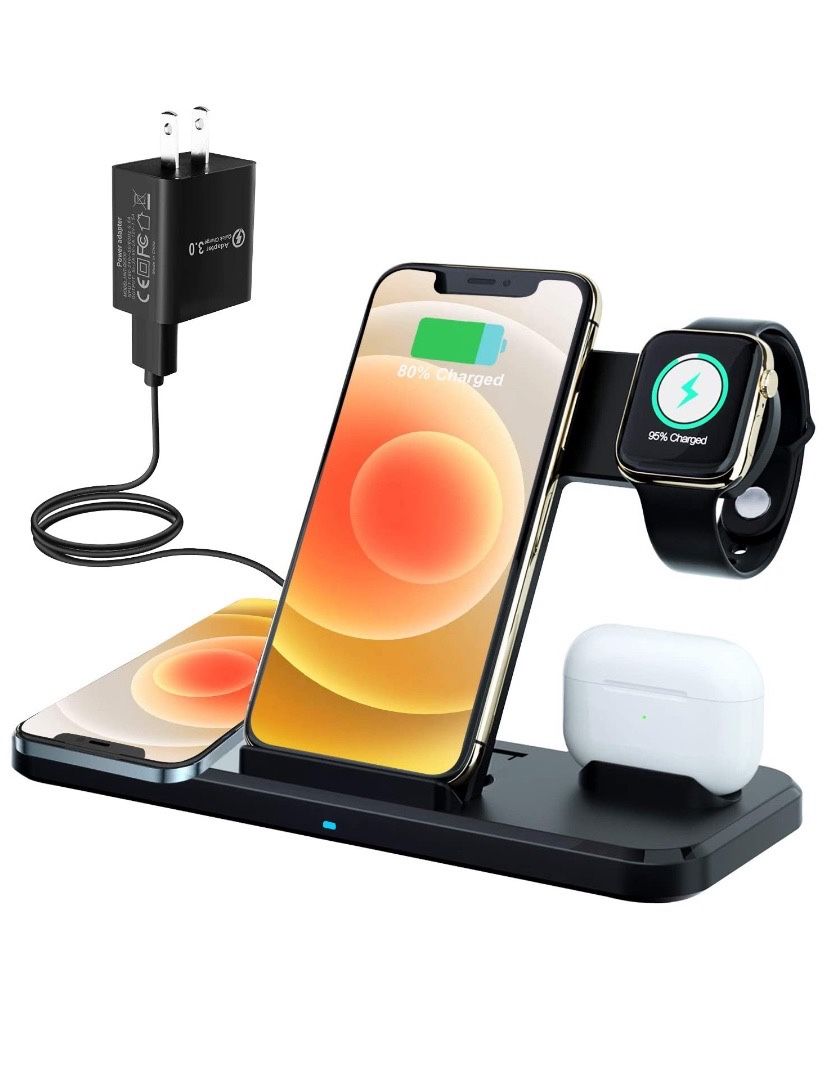 Wireless Charger, 15W Max 4 in 1 Fast Wireless Charging with Qc 3.0 Adapter for Apple iWatch/AirPods Series/iPhone 12/11/ Pro Max/XR/XS/X/ 8/ Galaxy S