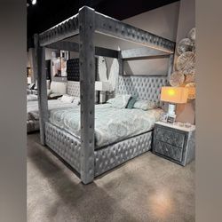 Gray Queen Size Canopy Bed Frame