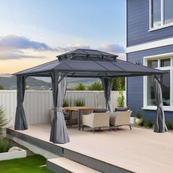 10x12FT Hardtop Gazebo Double Roof Canopy Outdoor with Netting and Curtains, Aluminum Frame Polycarbonate Roof Garden Tent for Patio, Backyard, Deck, 