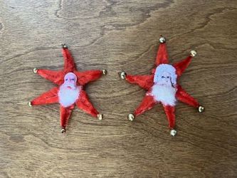 Vtg Pair Mid Century Clay Face Chenille Star Santa Christmas Ornaments