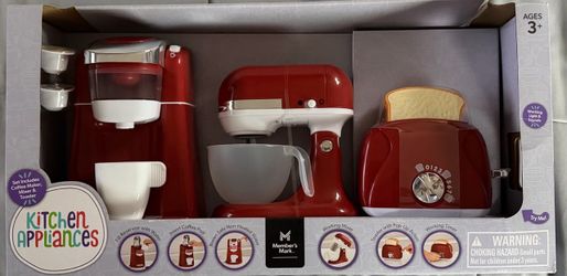 3 pc Red Member's Mark Pretend Kitchen Appliance w coffee maker, stand mixer & pop-up toaster.