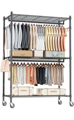 Homdox Rolling Garment Rack with Double Rod, Heavy Duty Clothing Rack with Shelves, Portable Clothes Rack, Free Standing Wardrobe Rack, with Lockable 