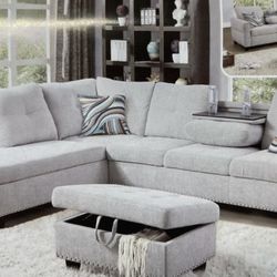 Light Grey Linen Sectional couch With Drop Down Table 