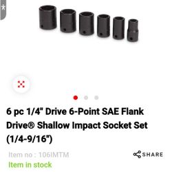 6 pc 1/4" Drive 6-Point SAE Flank Drive® Shallow Impact Socket Set (1/4-9/16")
Item no :106IMTM