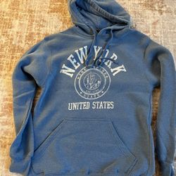 New York Empire State Hoodie Blue Small Vintage Style Pullover Sweatshirt