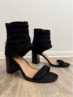 Black suede ruched block heel sandals  Size US 8