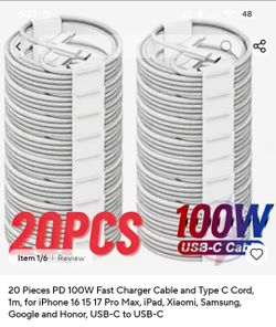 20-Pack 100W USB-C to USB-C Charging Cables