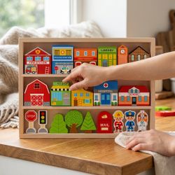 Wooden Town Play Set with Houses, Cars & People for Kids