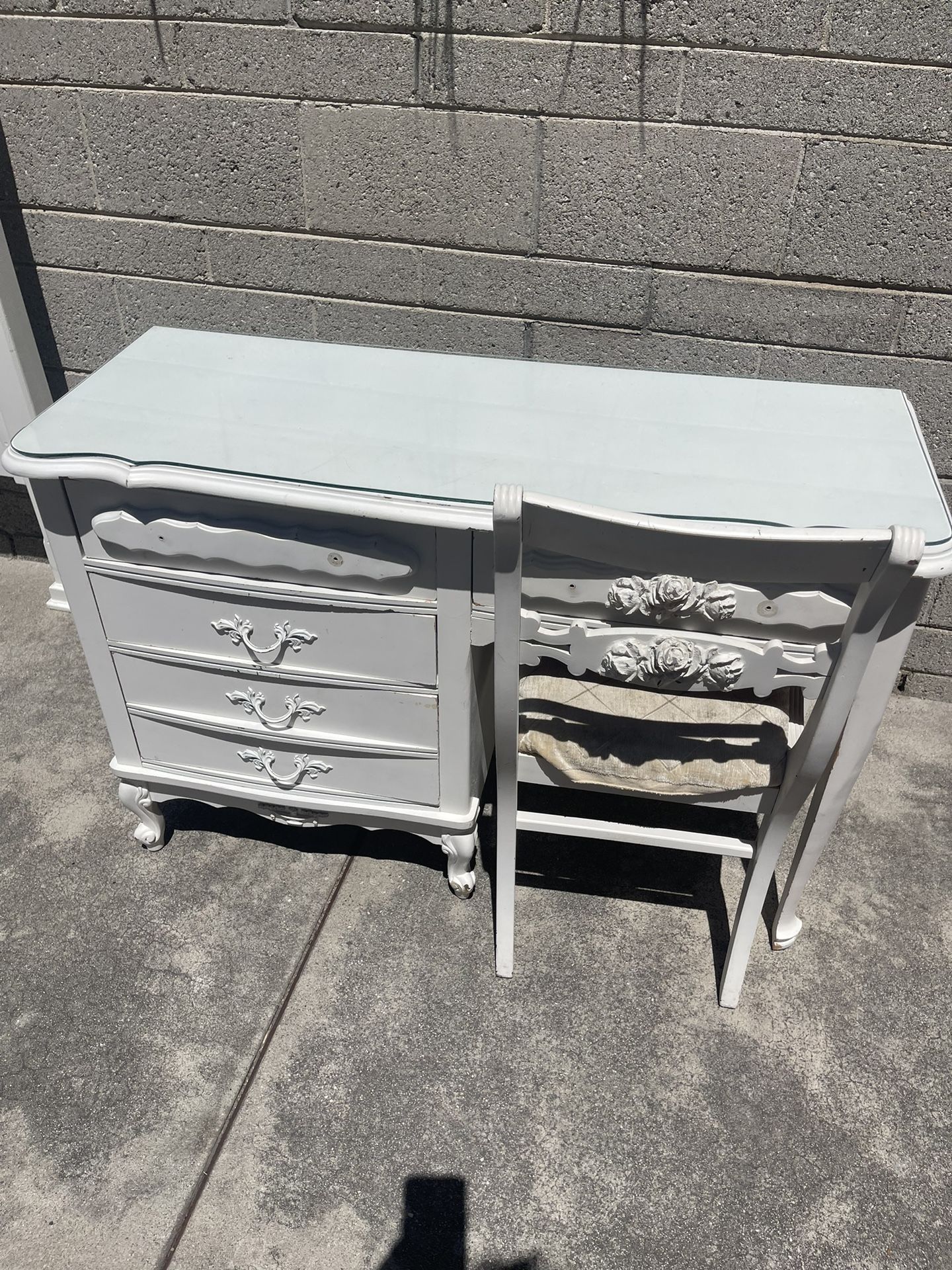 Small Vintage Shabby Chic Desk With Custom Glass And Chair