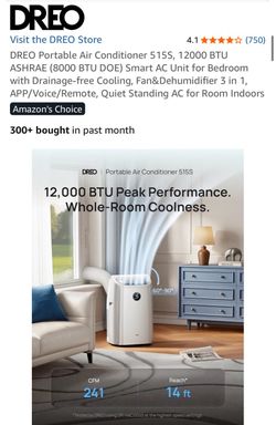 DREO Portable Air Conditioner 515S, 12000 BTU ASHRAE (8000 BTU DOE) Smart AC Unit for Bedroom with Drainage-free Cooling, Fan&Dehumidifier 3 in 1,