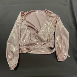 Victoria’s Secret Satin Wrap Crop Top Women’s Medium Pink Shiny Tie Front Long Sleeve Blouse