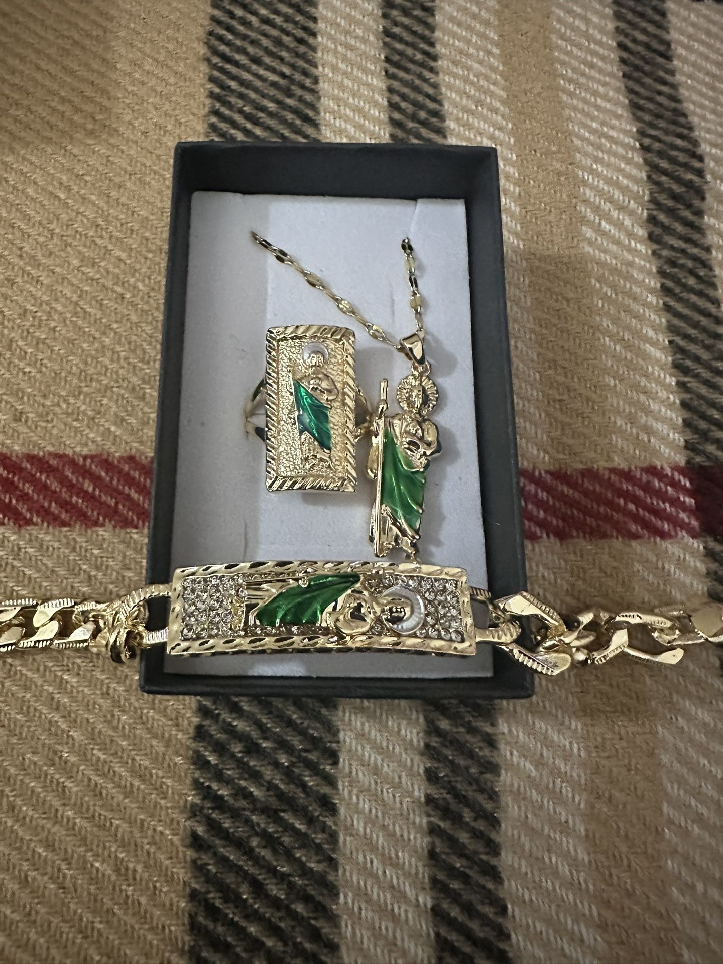 San Judas Necklace, Bracelet, Ring Gold Set