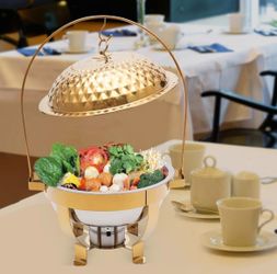 Dlinanta Chafing Dish Buffet, 4.76QT Gold Round Chafing Dishes for Buffet with Lid Holder Stainless Steel Chasers and Buffet Warmers Hanging Lid Dinin