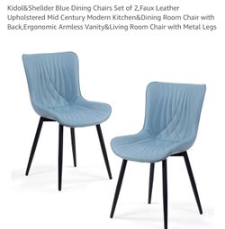 Kidol&Shellder Blue Dining Chairs Set of 2,Faux Leather Upholstered Mid Century Modern Kitchen&Dining Room Chair with Back,Ergonomic Armless Vanity&Li
