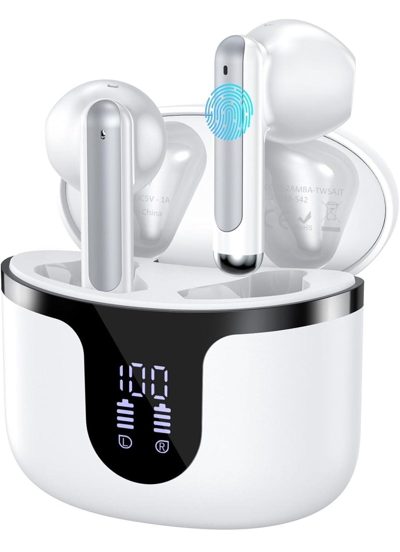Wireless Earbuds Bluetooth Headphones 5.3 Stereo 50 Hour Playback Ear Buds with LED Display and with 4 ENC Noise Cancelling Mic Wireless Earphones, fo