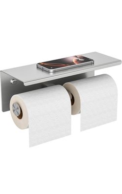 Forious Brushed Nickel Toilet Paper Holder with Shelf – Double Roll, Wall Mount, Stainless Steel