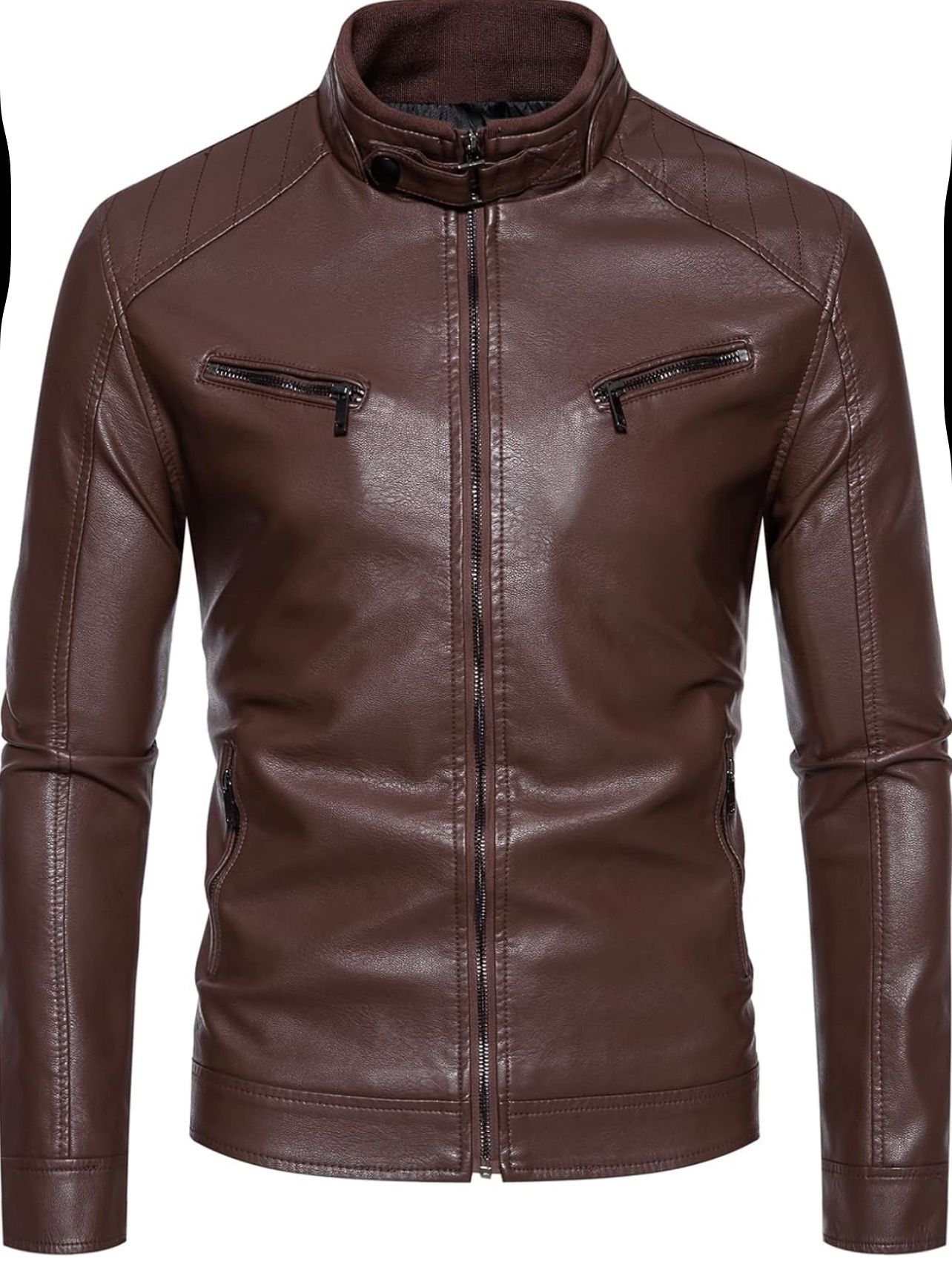 L size Men's Leather Jacket, Full Sleeve, Casual Lightweight, Zipper Up,Motorcycle Jacket,Stand Collar