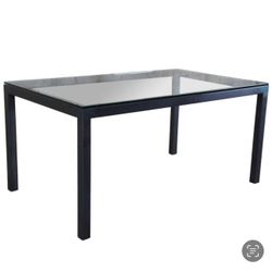 CRATE AND BARREL  PARSONS DINING TABLE 72” X 42” SEATS 8-10 BLACK STEEL BASE WITH GLASS