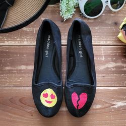SIZE 5.5 WOMENS/SIZE 4 GIRLS BIG KIDS BLACK SUEDE LIKE EMOJI BALLERINA FLATS 