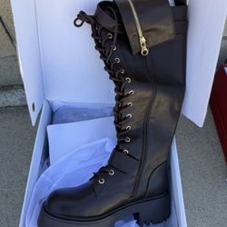 Brown Biker Knee High Boots