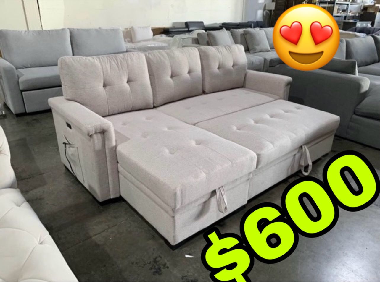 Beautiful New Sectional Sofa Bed W/ Reversible Storage Chaise & 2 USB Charging Ports in Light Gray Linen Only $600!!!