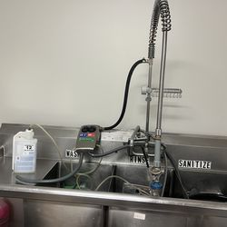 7’ 3 compartment sink with power suds machine, professional spring pull down faucet 2 drain boards