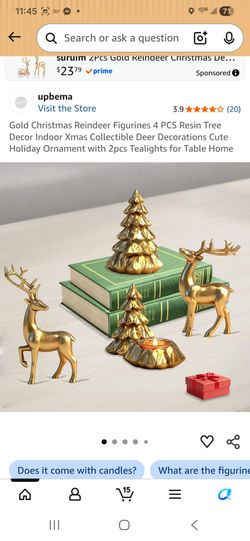 Gold Christmas Reindeer Fiaurines 4 PCS Resin Tree Decor Indoor Xmas Collectible Deer Decorations Cute Holiday Ornament with 2pcs Tealights for Table 