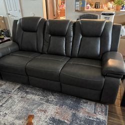 Power Reclining Grey Leather Couch & Love Seat 
