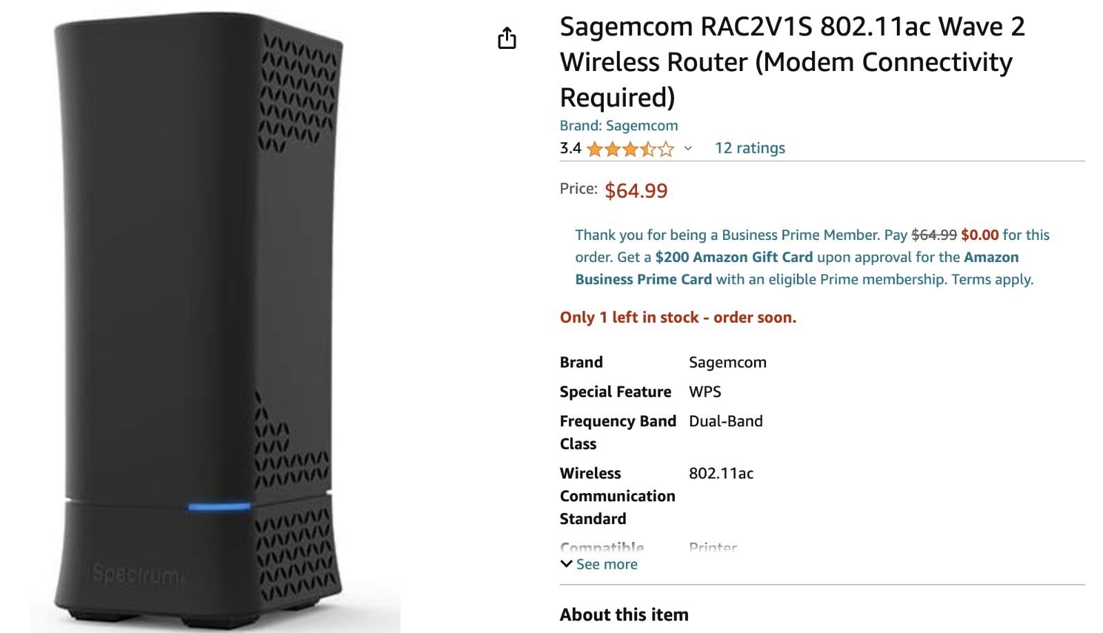 Sagemcom RAC2V1S 802.11ac Wave 2 Wireless Router (Modem Connectivity Required)