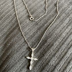 Silver Necklace With Rhinestone Cross From Italy- 9.5 Inches Long With Cross 
