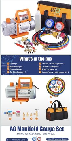 BACOENG AC Vacuum Pump and Gauge Set, 4 Way HVAC Vacuum Pump Kit for R134a R410a R22 Refrigerants, with R134a Car Quick Couplers, Can Tap and 4x5FT Ho